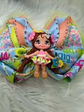 Hand Crafted Multicolor Doll Hair Bow - Pink, Blue, Peach, Yellow